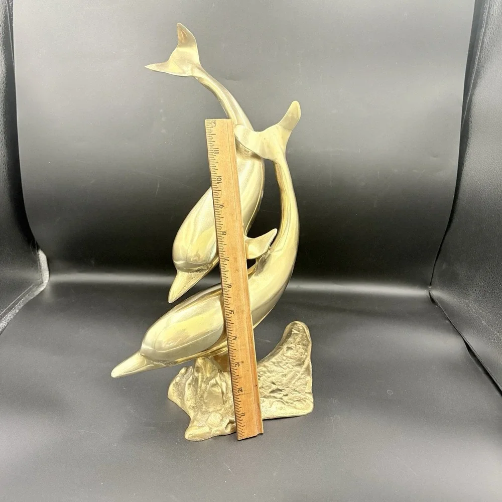 MCM Large Brass Two Dolphins Swimming Sculpture, 15